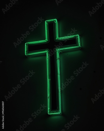Illuminated Neon Cross Glowing in the Darkness With Reflective Surface. AI.