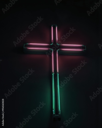 Illuminated Neon Cross Glowing in the Darkness With Reflective Surface. AI.