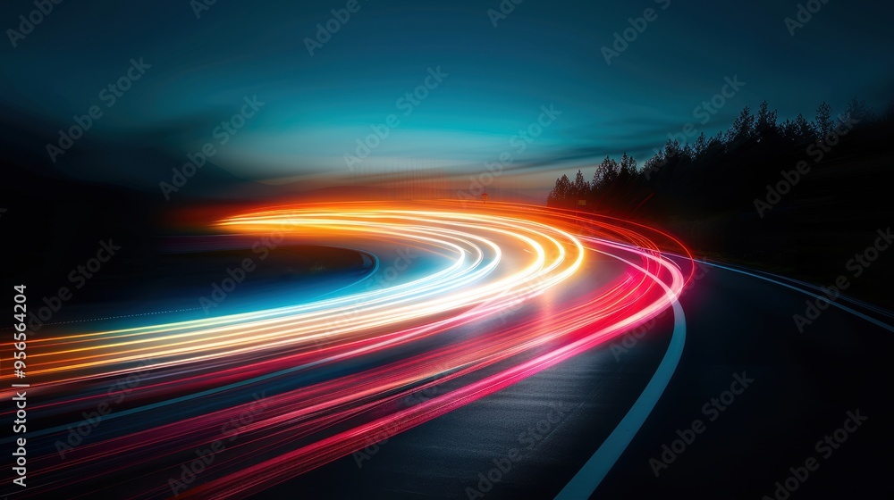 A long exposure shot of a highway at night, capturing the vibrant streaks of headlights and taillights creating a mesmerizing light trail effect. A long exposure shot of a highway at night, capturing the vibrant streaks of headlights and taillights creating a mesmerizing light trail effect.