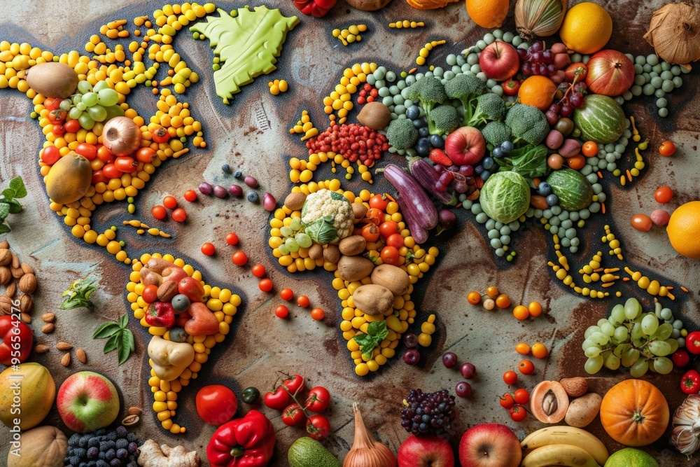 A creative world map made entirely of fresh fruits and vegetables, showcasing the diversity of global agriculture and promoting healthy eating. A creative world map made entirely of fresh fruits and vegetables, showcasing the diversity of global agriculture and promoting healthy eating.