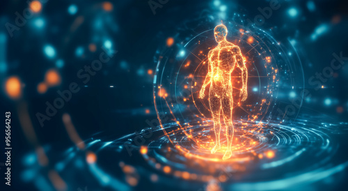 Conceptual image of a human figure surrounded by digital energy representing a strong immune system
