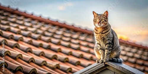 Cat sitting on the roof of a house , feline, pet, domestic, animal, furry, rooftop, home, cuddly, cute, adorable, outdoor