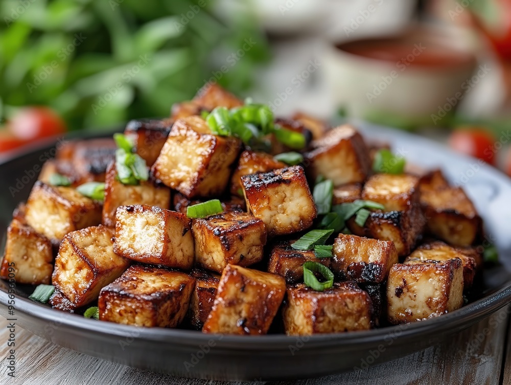 Crispy Tofu Cubes Skillfully Fried with Seasoned Asian Ingredients on a Wooden Table. Traditional Asian Cuisine and Healthy Cooking Concepts. Crispy Tofu Cubes Skillfully Fried with Seasoned Asian Ingredients on a Wooden Table. Traditional Asian Cuisine and Healthy Cooking Concepts.