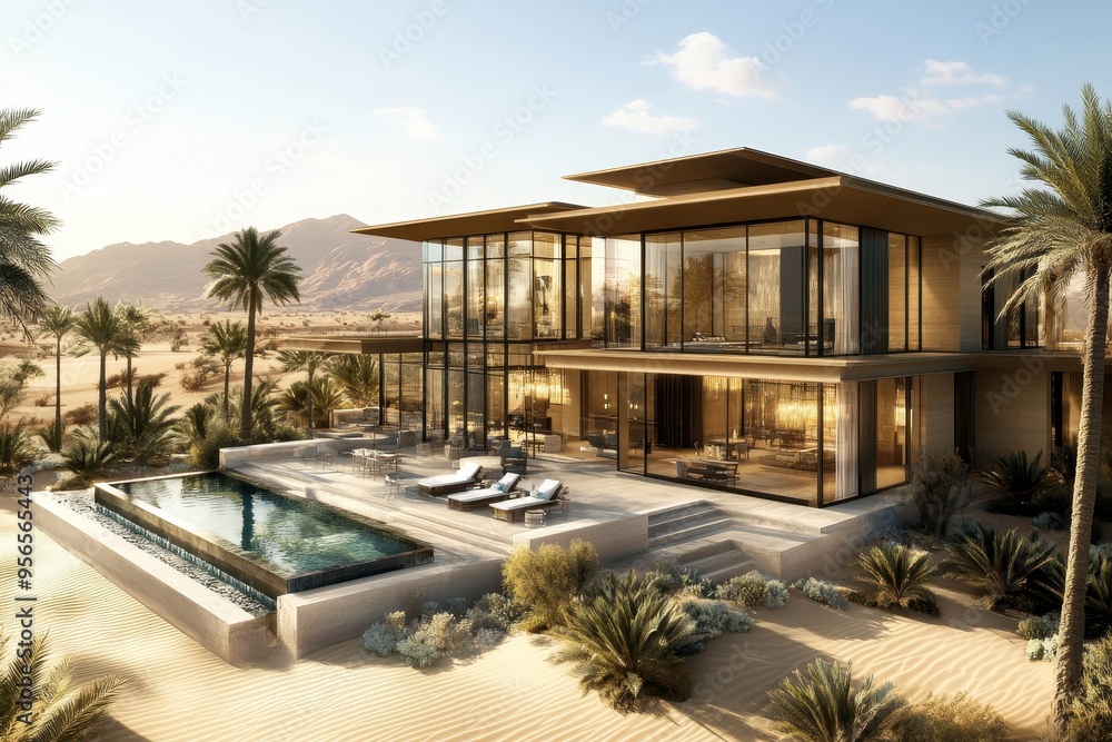 Fototapeta premium Modern desert villa with a pool, surrounded by palm trees and mountains.