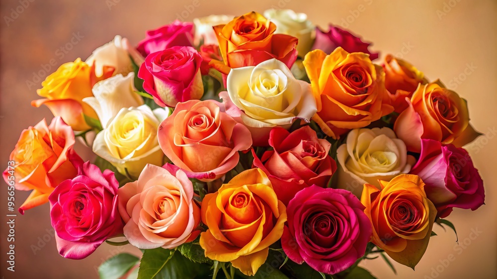 Vibrant, freshly bloomed roses in shades of pink, yellow, orange, and red, arranged in a whimsical bouquet against a soft, creamy background. Vibrant, freshly bloomed roses in shades of pink, yellow, orange, and red, arranged in a whimsical bouquet against a soft, creamy background.