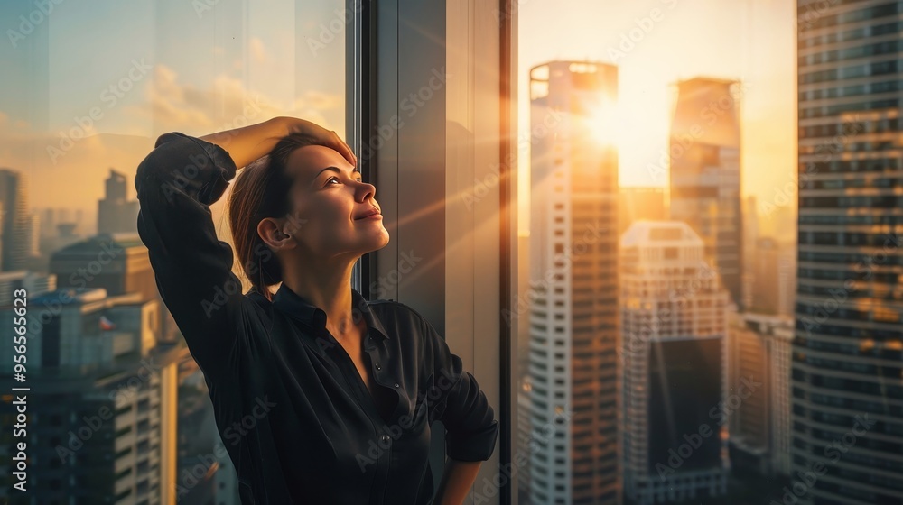 Thoughtful female CEO gazing out of office window, reflecting on business growth, planning future investment strategies, and brainstorming for career development inspiration in a corporate environment Thoughtful female CEO gazing out of office window, reflecting on business growth, planning future investment strategies, and brainstorming for career development inspiration in a corporate environment
