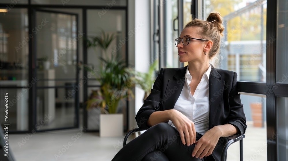Thoughtful female CEO gazing out of office window, reflecting on business growth, planning future investment strategies, and brainstorming for career development inspiration in a corporate environment Thoughtful female CEO gazing out of office window, reflecting on business growth, planning future investment strategies, and brainstorming for career development inspiration in a corporate environment