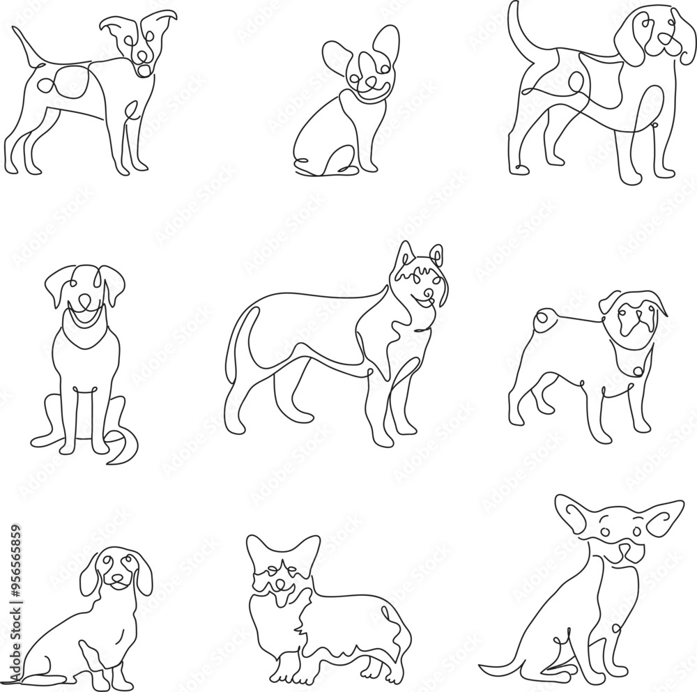 Dogs. Different breeds of dogs drawn in black and white in a thin line style. Dogs. Different breeds of dogs drawn in black and white in a thin line style.