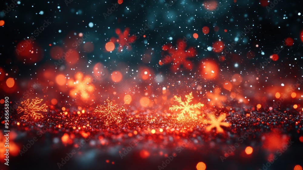 Christmas night sky adorned with glowing red and green snowflakes. Christmas night sky adorned with glowing red and green snowflakes.