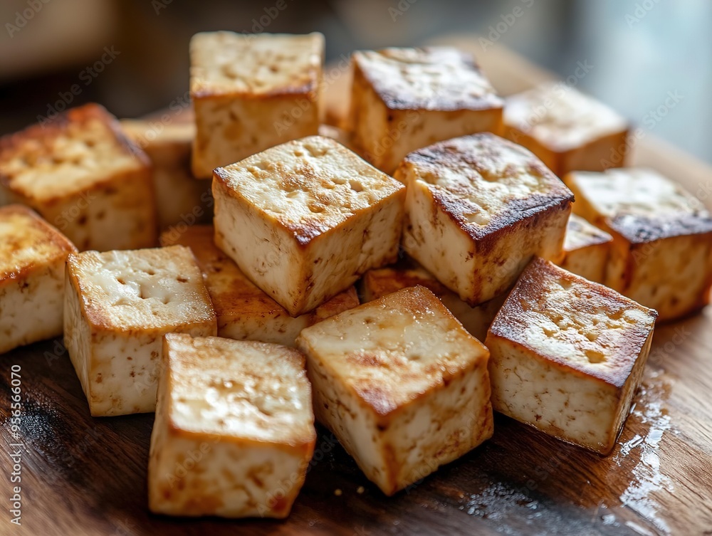 Crispy Tofu Cubes Skillfully Fried with Seasoned Asian Ingredients on a Wooden Table. Traditional Asian Cuisine and Healthy Cooking Concepts. Crispy Tofu Cubes Skillfully Fried with Seasoned Asian Ingredients on a Wooden Table. Traditional Asian Cuisine and Healthy Cooking Concepts.