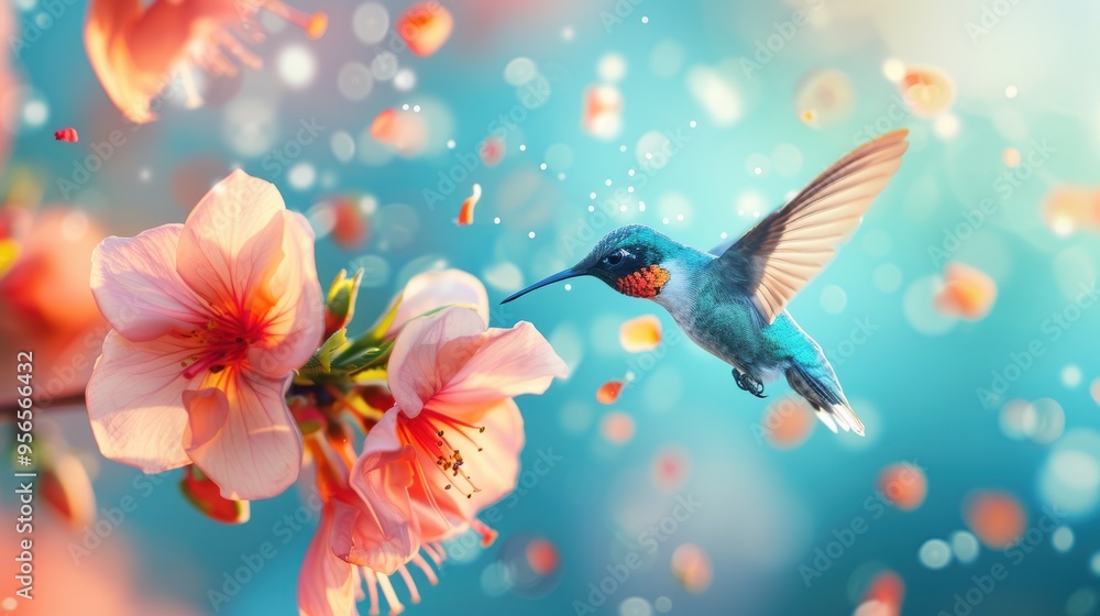 A single hummingbird hovering near a vibrant flower, wings a blur of motion. A single hummingbird hovering near a vibrant flower, wings a blur of motion.