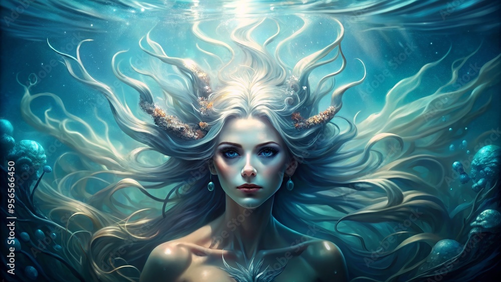 Beautiful female water elemental demon or sea goddess gracefully floating underwater with flowing hair and glowing eyes Beautiful female water elemental demon or sea goddess gracefully floating underwater with flowing hair and glowing eyes