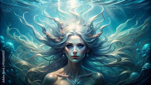 Beautiful female water elemental demon or sea goddess gracefully floating underwater with flowing hair and glowing eyes photo