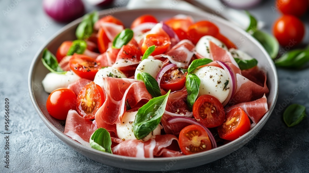 Salad with prosciutto, mozzarella, tomatoes and red onion. Healthy eating. Keto, ketogenic diet. Salad with prosciutto, mozzarella, tomatoes and red onion. Healthy eating. Keto, ketogenic diet.