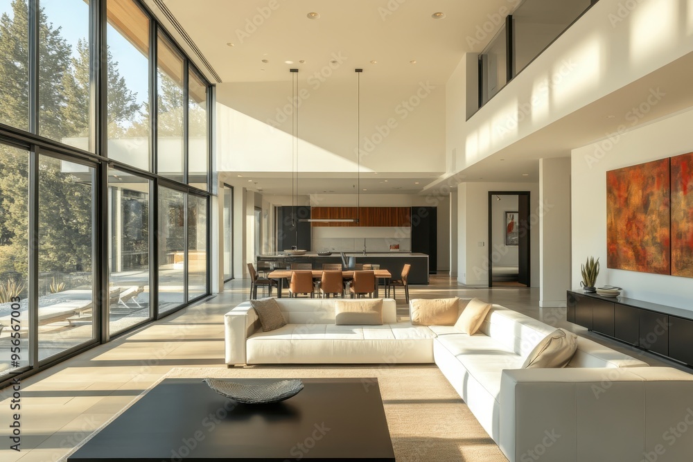 Modern living room with large windows and open kitchen, showcasing minimalist design. Modern living room with large windows and open kitchen, showcasing minimalist design.