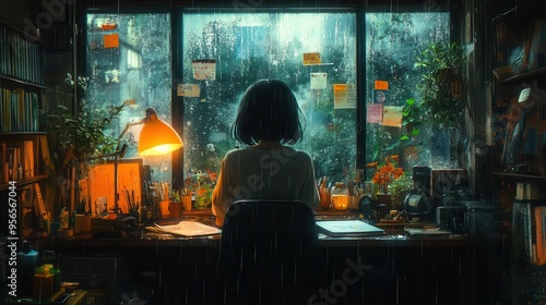 cozy lofi study scene anime girl at desk rainstreaked window warm lamp glow atmospheric room chill relaxing ambiance