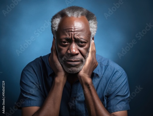 Indigo background sad black American independent powerful man. Portrait of older mid-aged person beautiful bad mood expression isolated