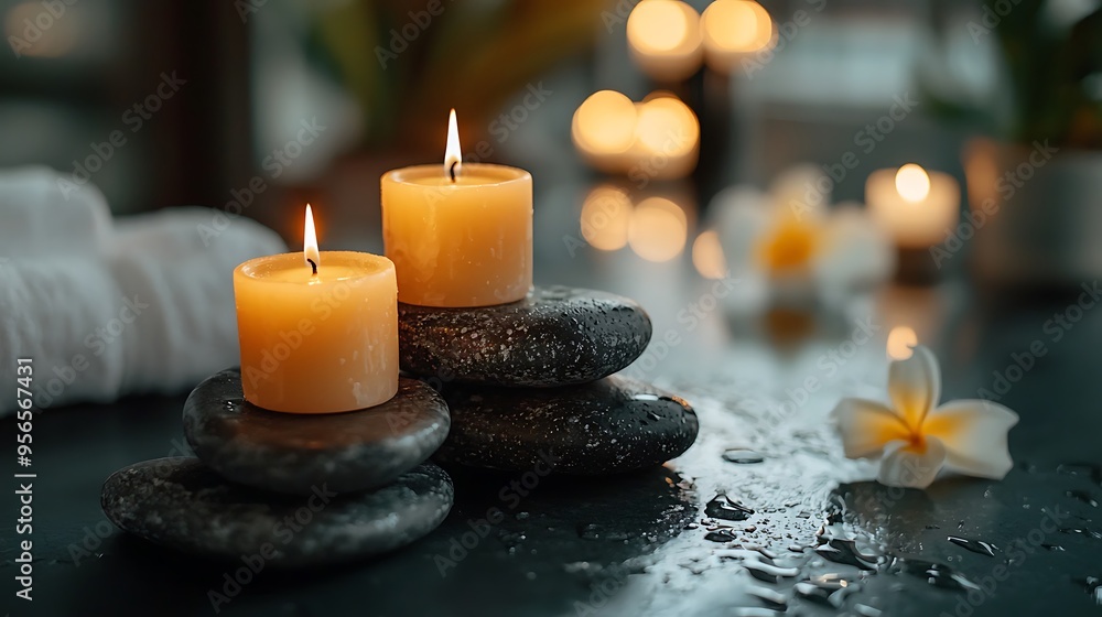 A tranquil spa setup with burning candles, stones, and flowers on a glossy black surface. A tranquil spa setup with burning candles, stones, and flowers on a glossy black surface.