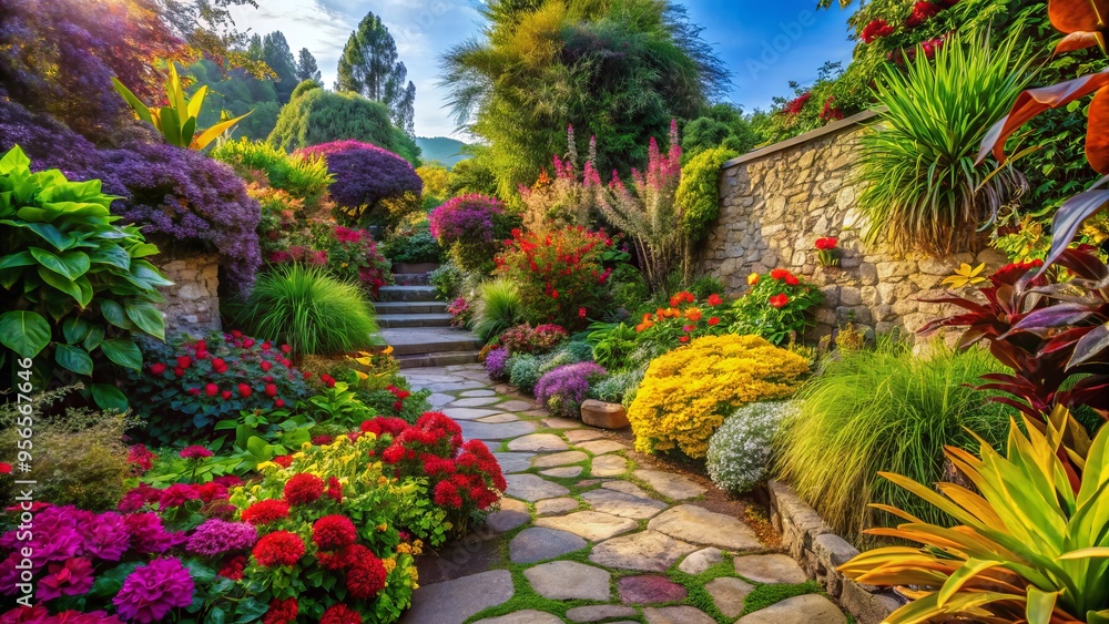 Vibrant blooming plants with varied textures and colors thrive in a lush garden, surrounded by rustic stone walkways and warm, sunny natural light. Vibrant blooming plants with varied textures and colors thrive in a lush garden, surrounded by rustic stone walkways and warm, sunny natural light.