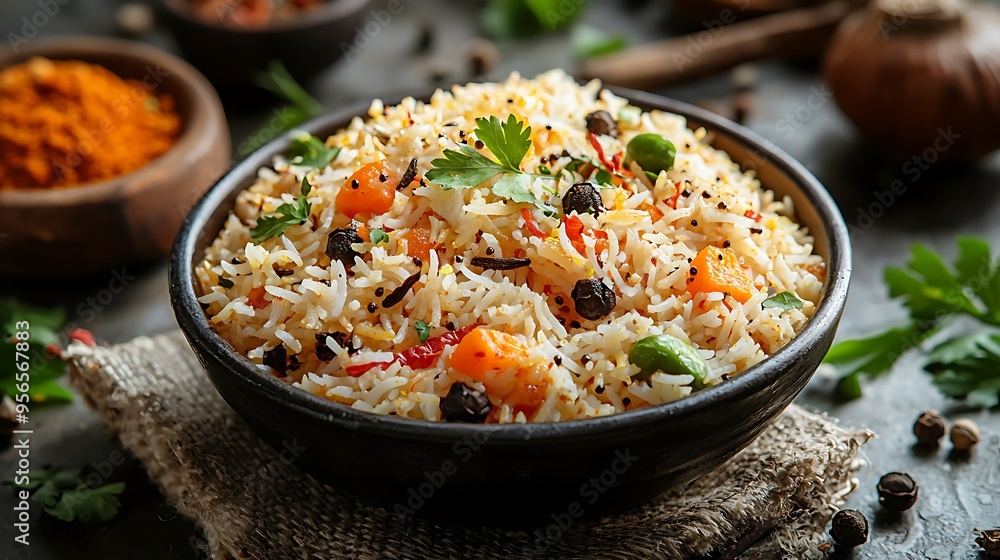 A spicy vegetable rice bowl garnished with black peppercorns and fresh parsley. A spicy vegetable rice bowl garnished with black peppercorns and fresh parsley.