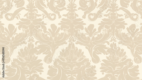 Classic Beige and Taupe Baroque Damask Floral Wallpaper Design