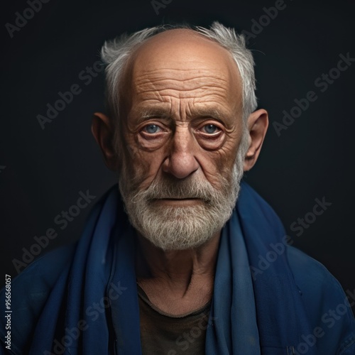 Indigo background sad european white man grandfather realistic person portrait older person beautiful bad mood old man Isolated on Background 