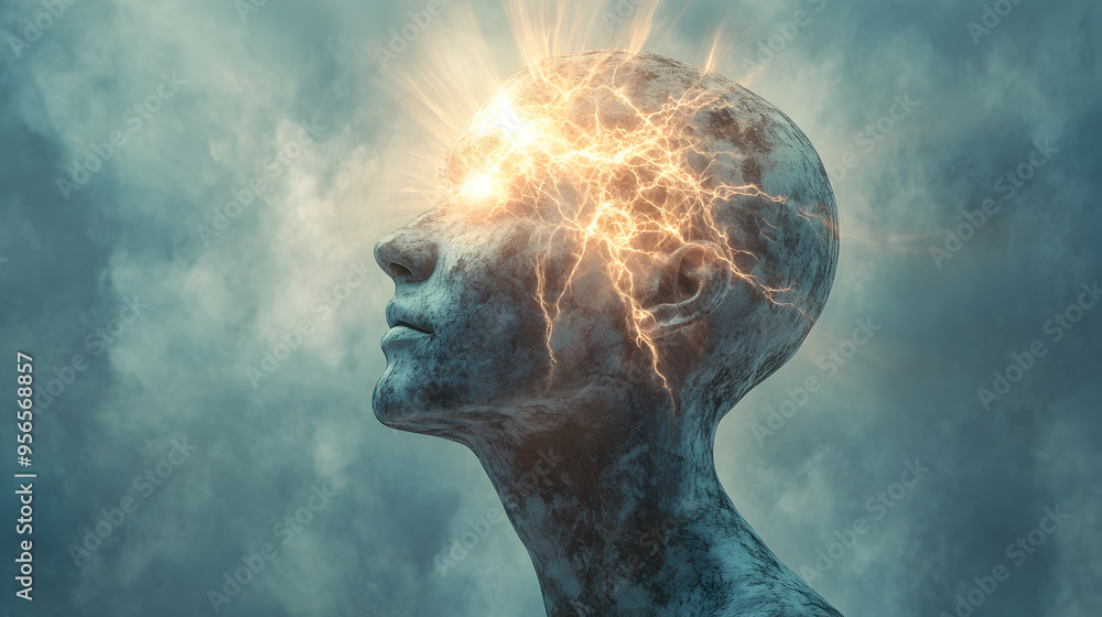 A head with cracks emitting beams of light, symbolizing breaking points and illumination.
A head with cracks emitting beams of light, symbolizing breaking points and illumination.