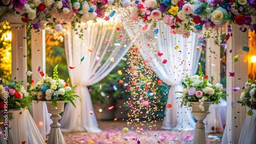 Vibrant colorful confetti scattered across a romantic wedding scene, delicate white flowers and elegant drapery blending softly into a joyful celebratory atmosphere overlay. photo