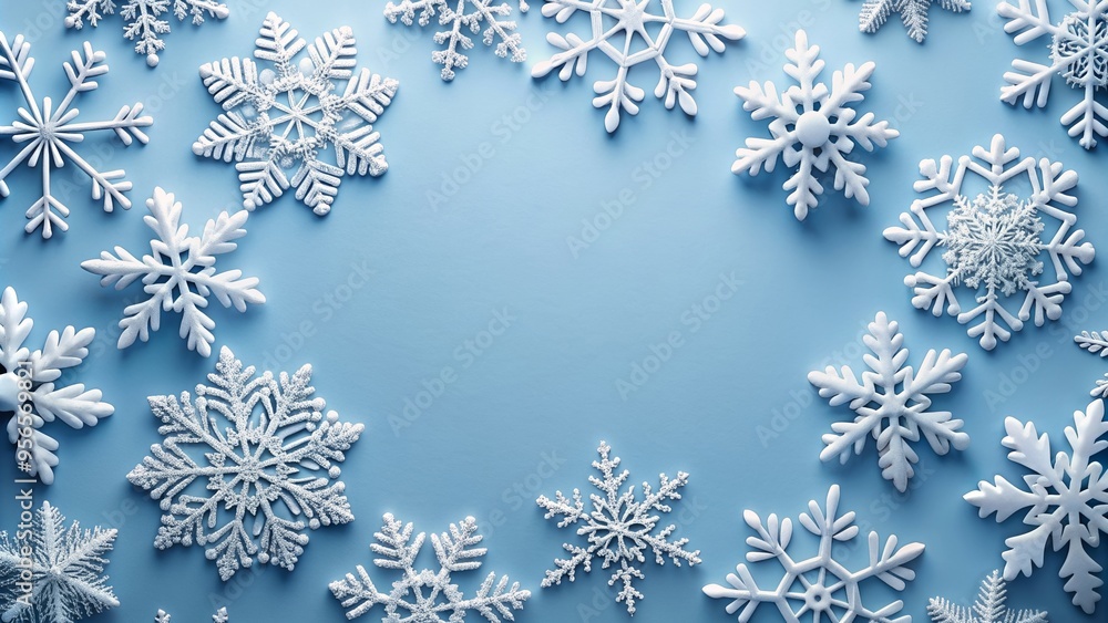 White snowflakes on a plain white or blue background, highlighting their unique symmetrical pattern, snowflakes, winter, cold White snowflakes on a plain white or blue background, highlighting their unique symmetrical pattern, snowflakes, winter, cold