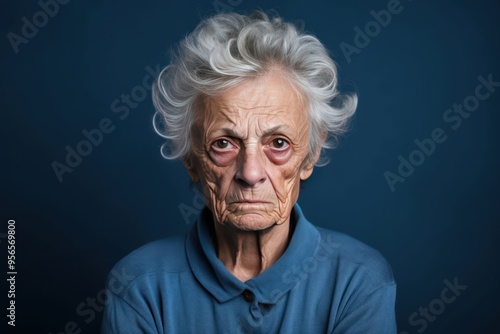 Indigo background sad European white Woman grandmother realistic person portrait of young beautiful bad mood expression Woman Isolated 