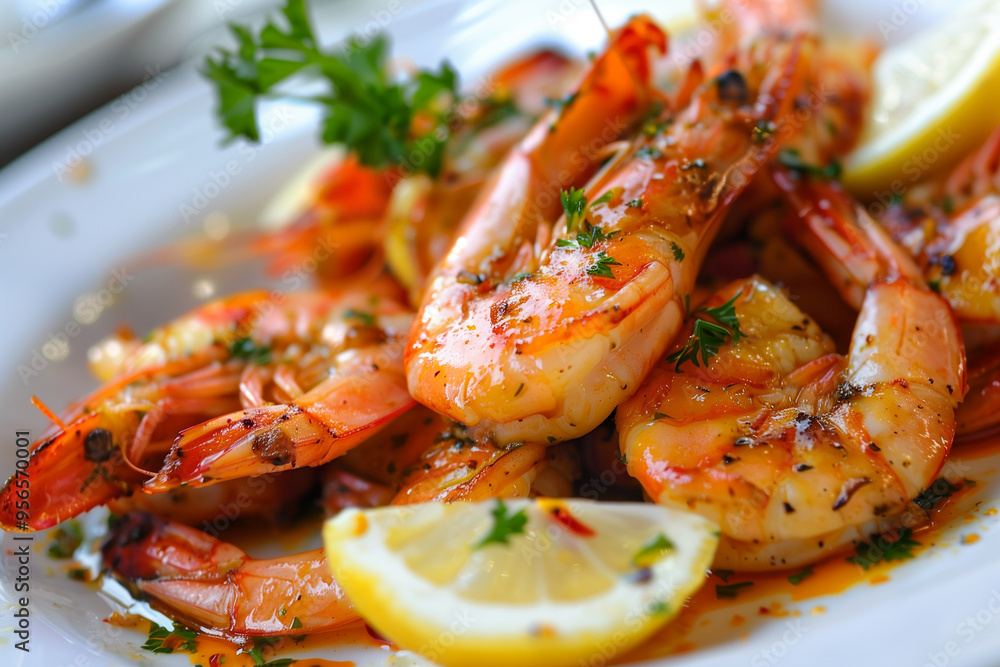 A pristine white plate beautifully arranged with shrimp and lemon slices. Generative AI A pristine white plate beautifully arranged with shrimp and lemon slices. Generative AI