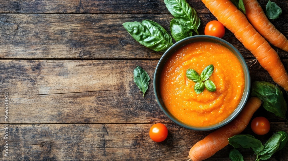 A bowl of creamy carrot soup with basil garnish. Ideal for food blogs and articles about healthy eating and recipes. A bowl of creamy carrot soup with basil garnish. Ideal for food blogs and articles about healthy eating and recipes.