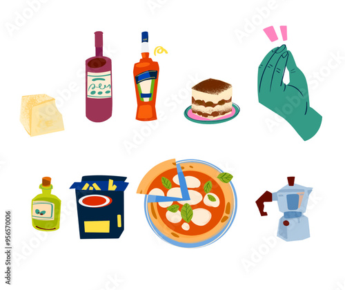 talian food grocery illustration poster wine pizza olive oil tiramisu cheese pasta coffee handwriting