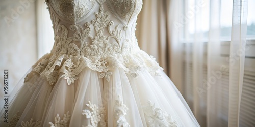 Beautiful American wedding dress with intricate lace detailing , Bridal, gown, ceremony, white, elegant photo