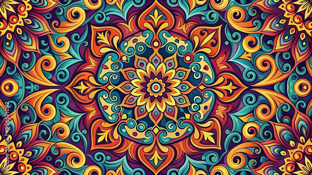 Vibrant geometric vector pattern with ornate swirling shapes and intricate details, perfect for creating elegant invitations, party decorations, and luxurious event designs. Vibrant geometric vector pattern with ornate swirling shapes and intricate details, perfect for creating elegant invitations, party decorations, and luxurious event designs.