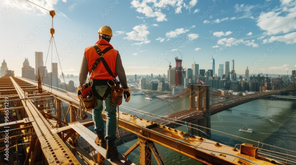 Bridge construction engineer walking across a steel beam, harnessed for safety, with a wide-angle view of the ongoing bridge project and distant city skyline. Bridge construction engineer walking across a steel beam, harnessed for safety, with a wide-angle view of the ongoing bridge project and distant city skyline.