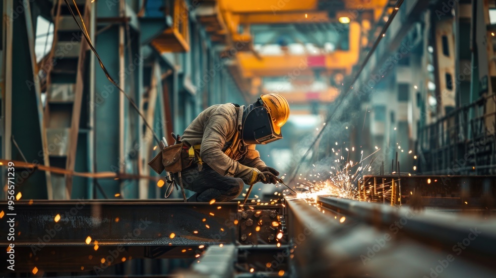 Bridge construction engineer welding steel beams at a bridge site, sparks flying, with the structure towering above. Bridge construction engineer welding steel beams at a bridge site, sparks flying, with the structure towering above.
