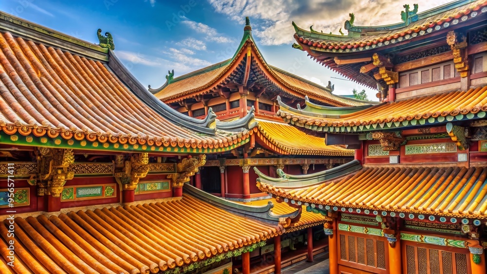 Traditional Chinese temple with intricate wooden carvings and colorful roof tiles, ancient, Chinese Traditional Chinese temple with intricate wooden carvings and colorful roof tiles, ancient, Chinese