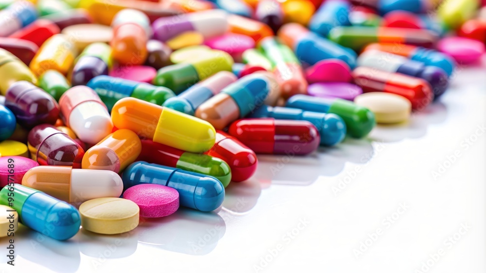 Close up of various colorful medications on white background, pills, medicine, pharmaceuticals, healthcare, treatment Close up of various colorful medications on white background, pills, medicine, pharmaceuticals, healthcare, treatment