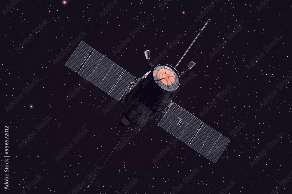 Satellite in Space with Solar Panels and Starry Background Satellite in Space with Solar Panels and Starry Background