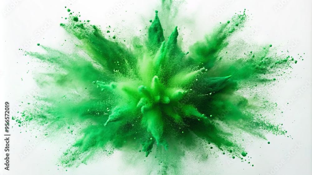 Vibrant green powder bursts into a dynamic splatter pattern against a clean white background, evoking feelings of freshness, energy, and creative expression. Vibrant green powder bursts into a dynamic splatter pattern against a clean white background, evoking feelings of freshness, energy, and creative expression.
