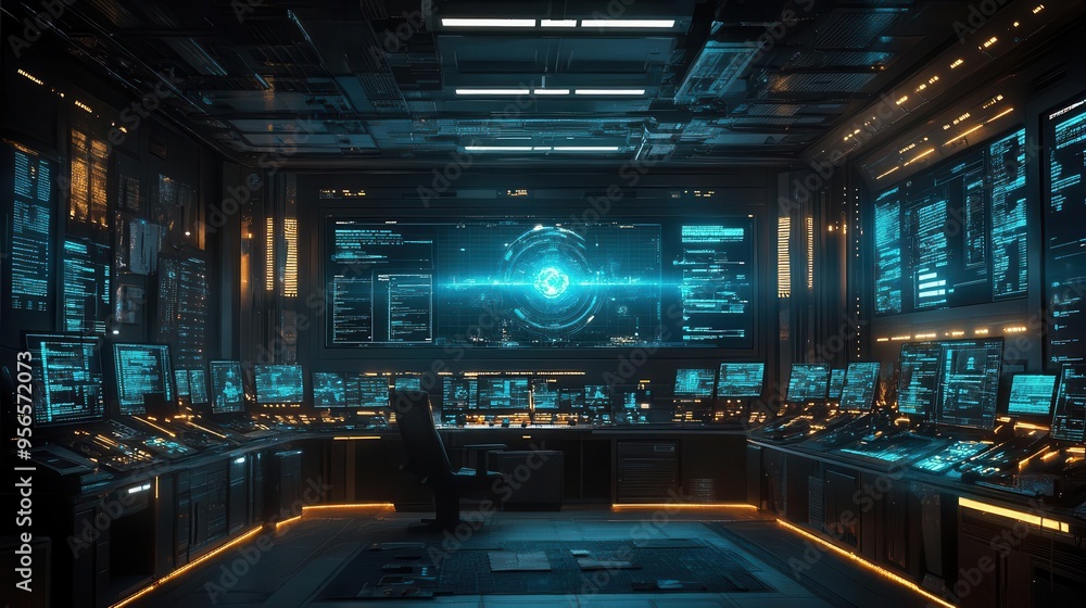 cybersecurity command center during active threat holographic displays tense atmosphere blue glow cybersecurity command center during active threat holographic displays tense atmosphere blue glow