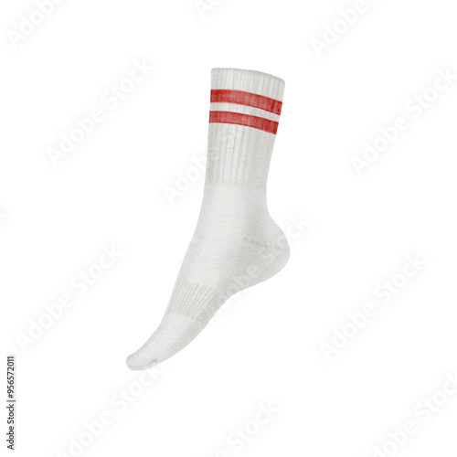  Sporty white welted mid-length sock with two red stripes on the elastic band. Isolated illustration on a white background for your sports-themed projects photo