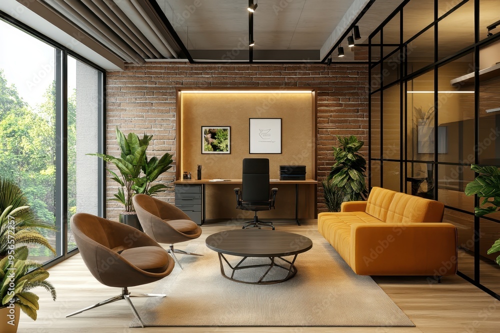 Fototapeta premium Modern office interior with a cozy seating area and greenery.