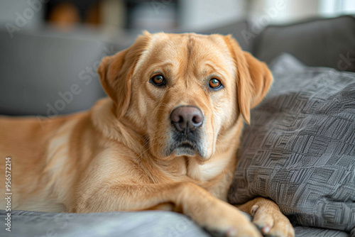 A Golden Labrador Retriever lounges on a modern living room couch, adding a touch of warmth and coziness to sleek interior 