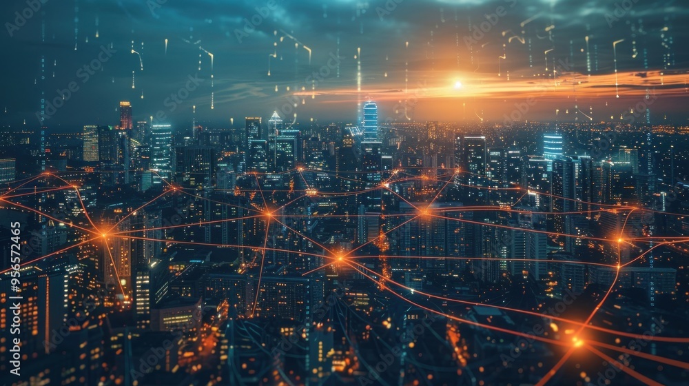 Futuristic cityscape at dusk with glowing network connections represented by light trails and points of light connecting various buildings. Futuristic cityscape at dusk with glowing network connections represented by light trails and points of light connecting various buildings.