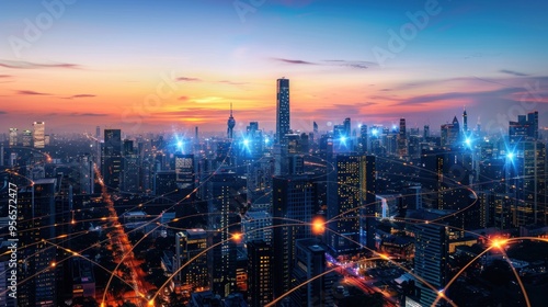 Wallpaper Mural Futuristic cityscape at dusk with glowing network connections represented by light trails and points of light connecting various buildings. Torontodigital.ca