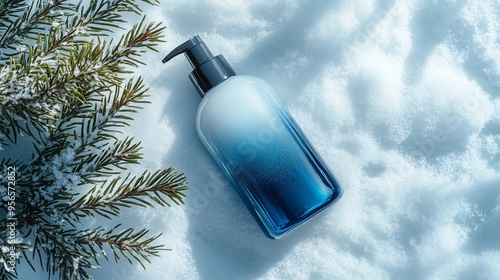 A bottle of blue shampoo lying on the white snow with a pine next to it.