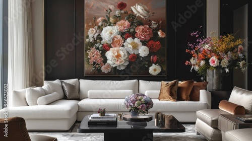 Luxurious living room with oversized floral and beauty artwork.