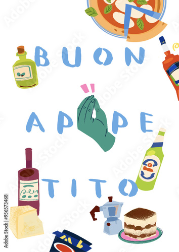 talian food grocery illustration poster wine pizza olive oil tiramisu cheese pasta coffee handwriting